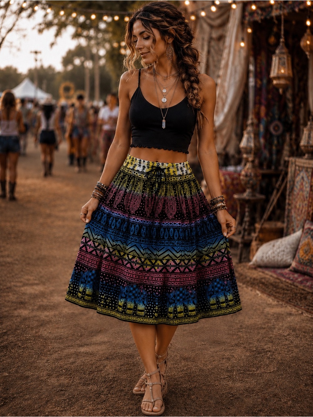 Shop Therapy Bohemian Multi-Color Printed Midi Skirt